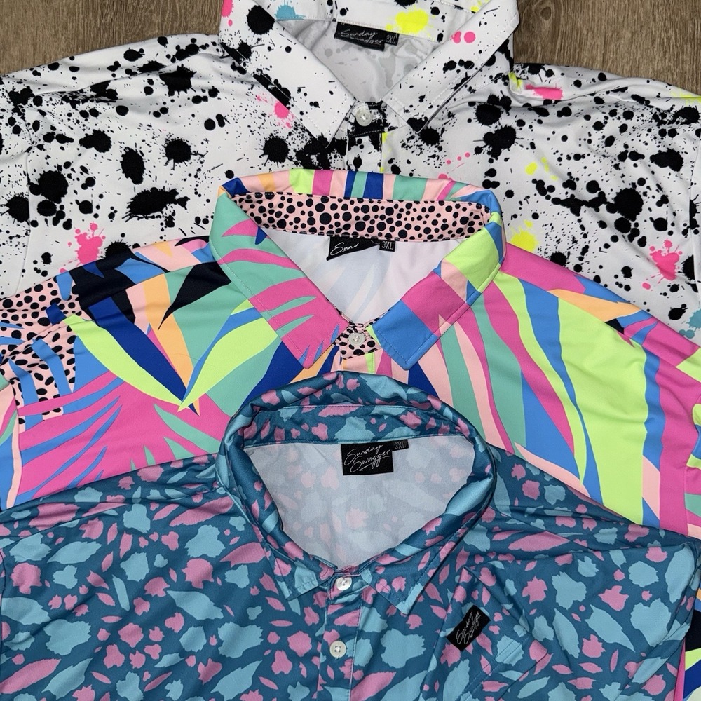 Lot Of 3 Sunday Swagger Performance Polos Men's 3XL Colorful Geometric All Over